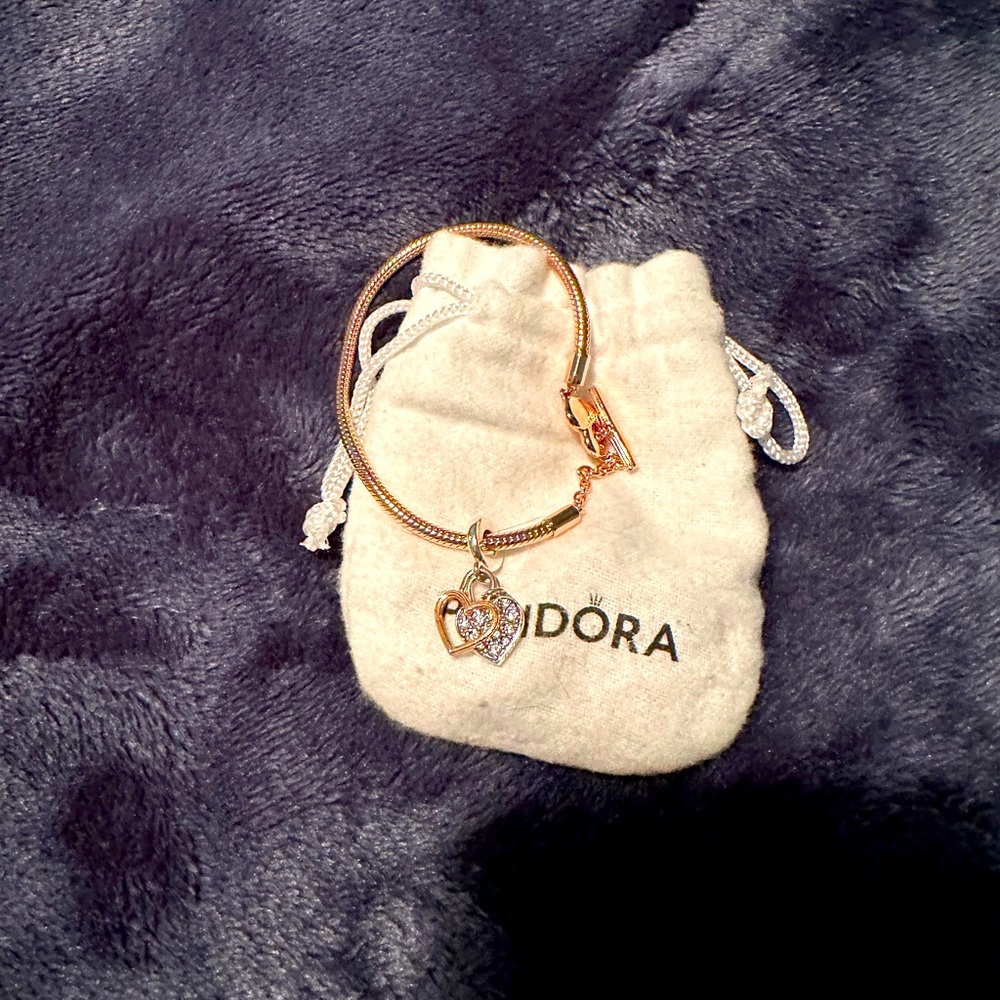 Pandora Heart T-Bar Snake Chain Bracelet with Heart Padlock Double Dangle Charm